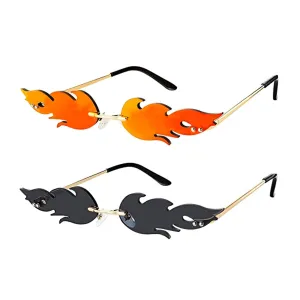 2 Pairs Flame Sunglass Eyewear Fashion Rimless Small Irregular Shade Eyewear Party Favor Supplies Black Gray/Red